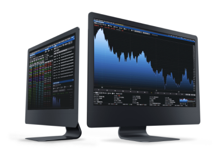 Two computer monitors with customizable financial dashboards